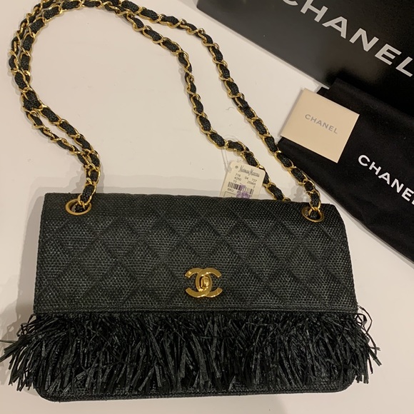 CHANEL 🖤 RARE Vintage Raffia Hemp Straw Quilted Flap Fringe Raw Edge Real Gold - Picture 6 of 16